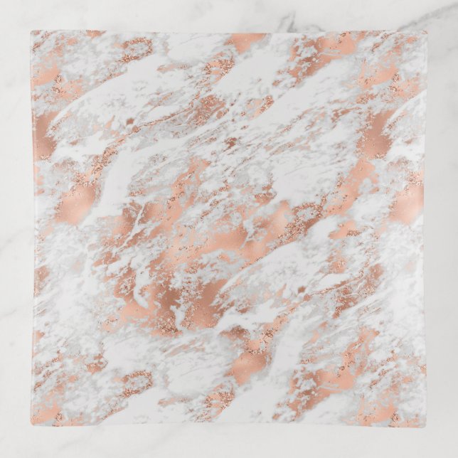 Pretty Rose Gold White Glitzy Marble     Trinket Tray (Front)