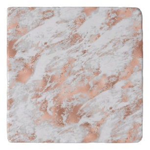 Pretty Rose Gold White Glitzy Marble Trivet