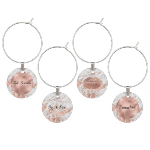 Pretty Rose Gold White Glitzy Marble Wine Charm