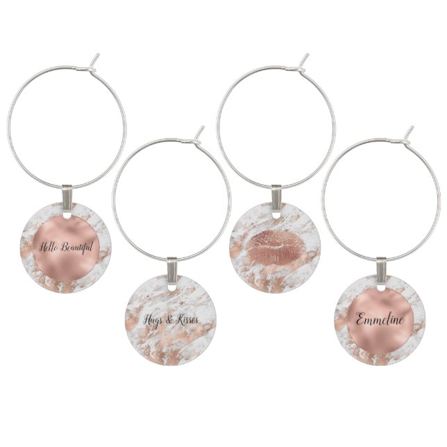 Pretty Rose Gold White Glitzy Marble Wine Charm (Staggered)