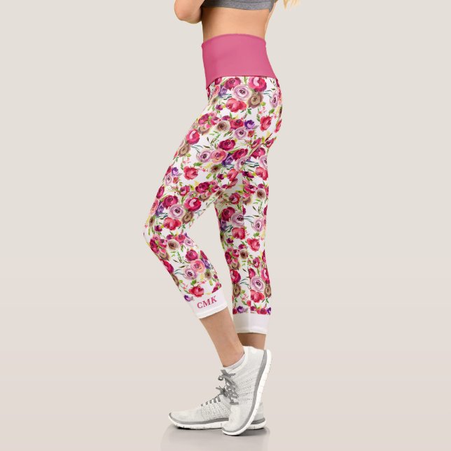 Pretty Rose Pink Floral Chic Girly Monogram Capri Leggings (Left)
