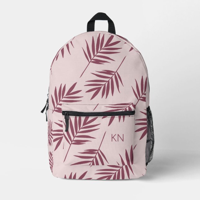 Pretty Rose Pink Leave Pattern Monogram Initials Printed Backpack (Front)