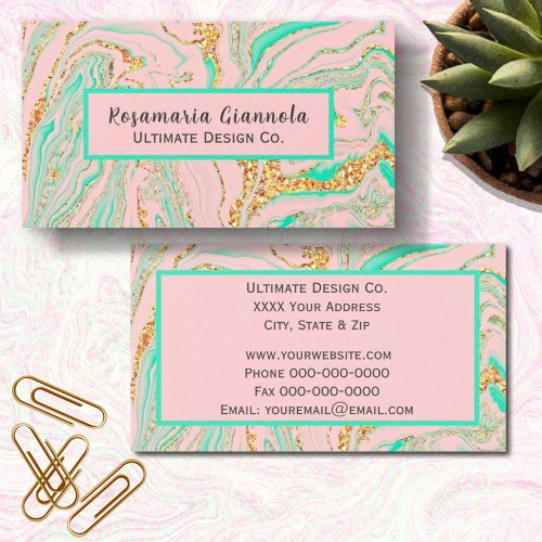 Pretty Rose Pink Quartz Marble and Gold Business Card