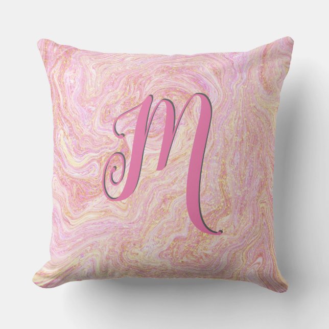 Pretty Rose Pink Quartz Marble and Gold Throw Pillow (Front)