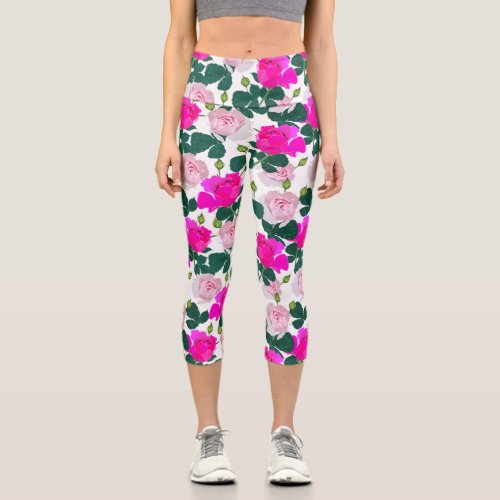 Pretty Rose Watercolor Floral Print Pink White Capri Leggings