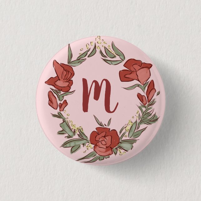 Pretty Rosebud Blossom Wreath Modern Monogram Button (Front)