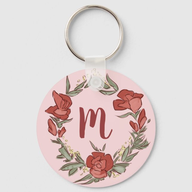 Pretty Rosebud Blossom Wreath Modern Monogram Keychain (Front)