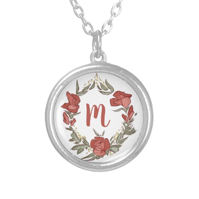 Pretty Rosebud Blossom Wreath Modern Monogram Silver Plated Necklace (Front)