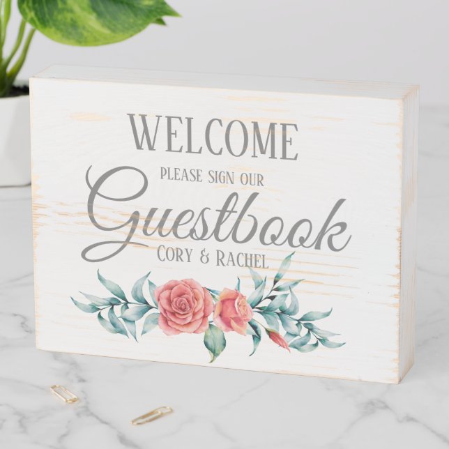 Pretty Roses & Eucalyptus Bouquet Guestbook   Wooden Box Sign (In Situ Horizontal)