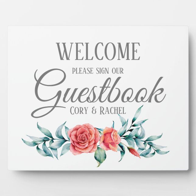 Pretty Roses & Eucalyptus Guestbook Tabletop   Plaque (Front)