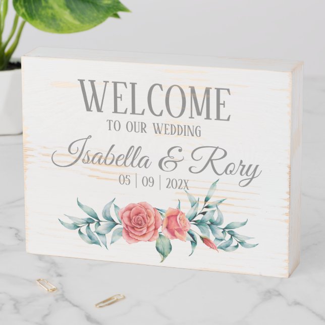 Pretty Roses & Eucalyptus Wedding Wooden Box Sign (In Situ Horizontal)