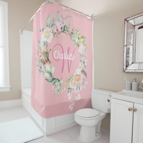 Pretty Roses Floral Elegant Script Monogram Pink Shower Curtain