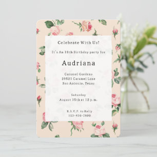 Pretty Roses Floral Pink Peach Cream Birthday Invitation
