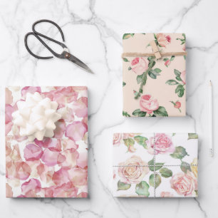 Pretty Roses Floral Pink Peach Cream Bridal Shower Wrapping Paper Sheets