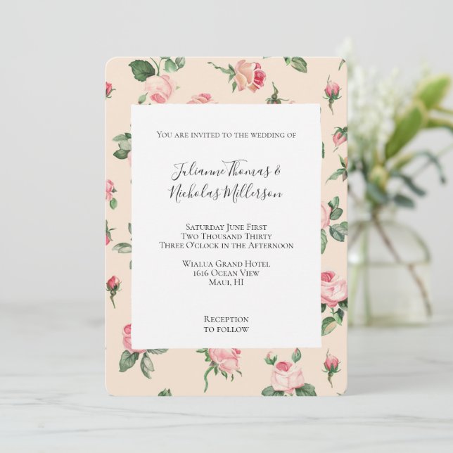 Pretty Roses Floral Pink Peach Cream Wedding Invitation (Standing Front)