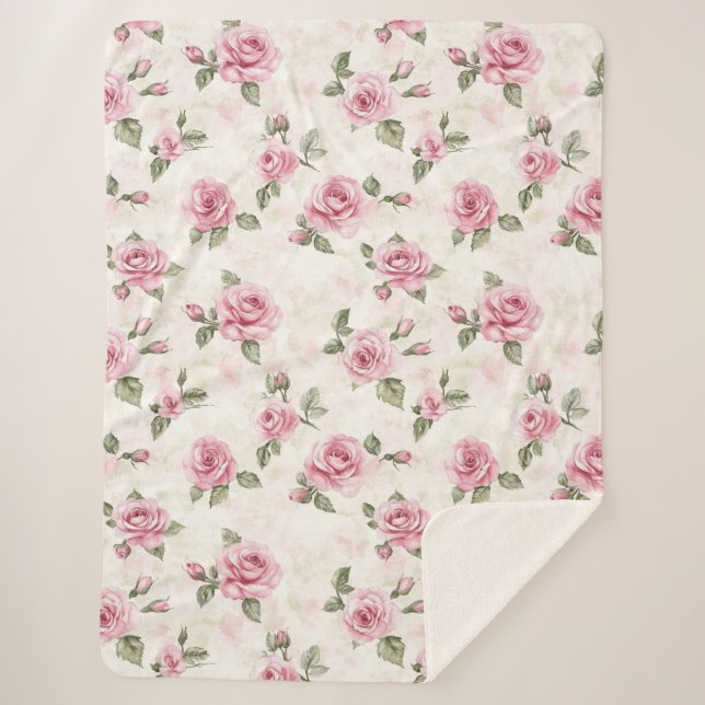 Pretty Roses Floral Pink   Sherpa Blanket (Front)