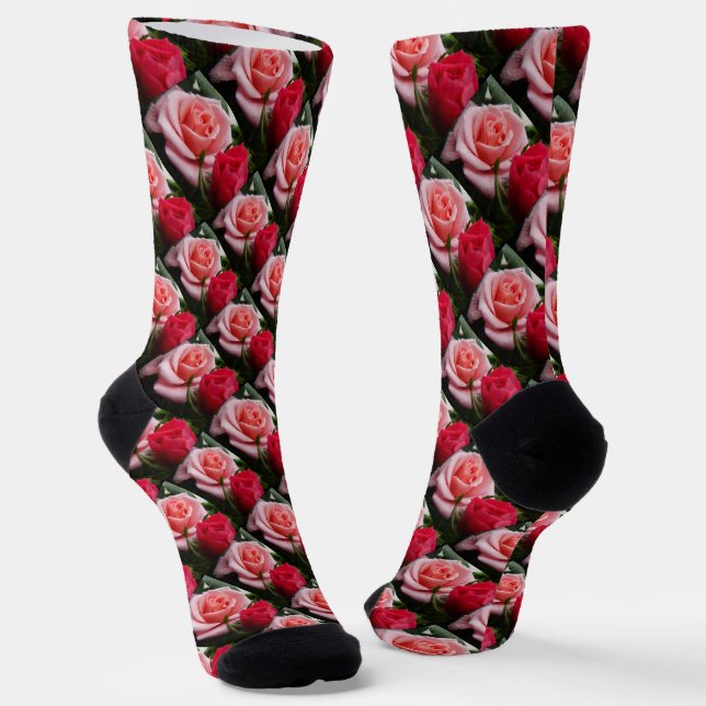 Pretty Roses Pink Red Floral Pattern Unisex Socks (Angled)