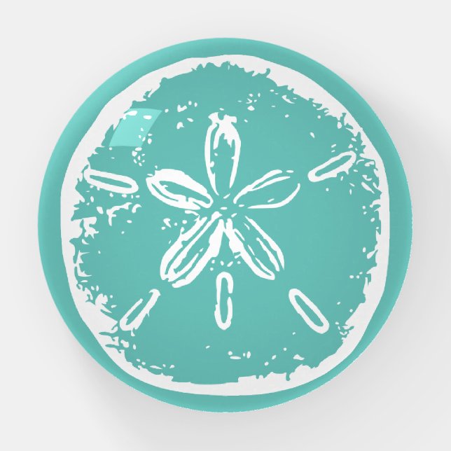 Pretty round paperweight with sand dollar shell (Front)