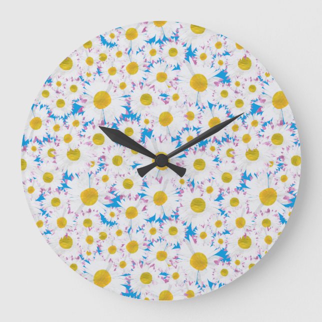 Pretty Round Wall Clock: Ditzy Daisies on Blue Large Clock (Front)
