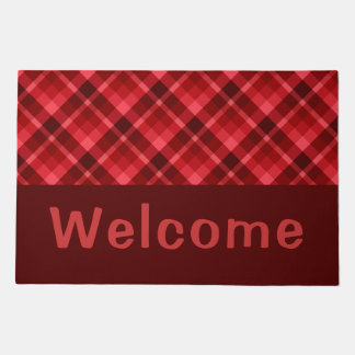 Pretty Ruby Red Plaid Monogram Large Doormat