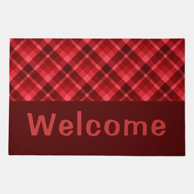 Pretty Ruby Red Plaid Monogram Large Doormat (Front)