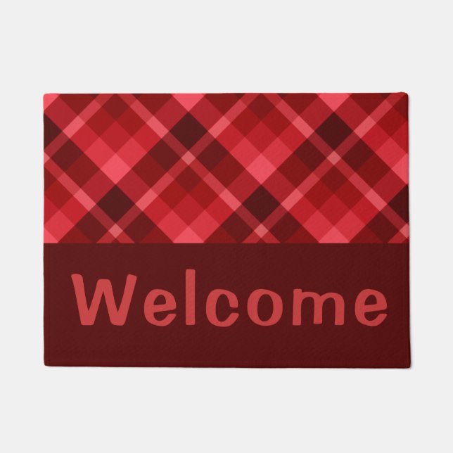 Pretty Ruby Red Plaid Monogram Small Doormat (Front)