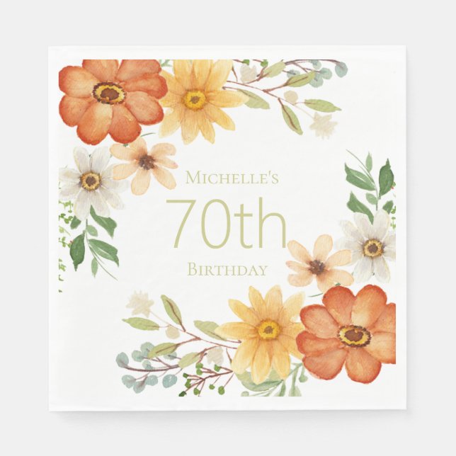 Pretty Rust Yellow White Flowers 70th Birthday  Napkins (Front)