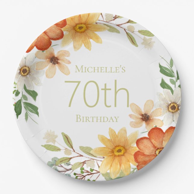 Pretty Rust Yellow White Flowers 70th Birthday Paper Plates (Front)