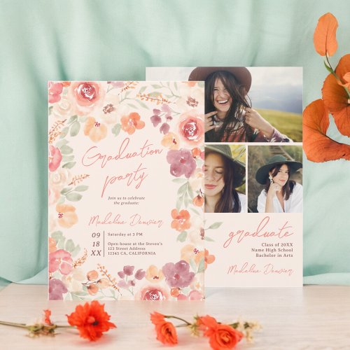 Pretty rustic boho floral blush 3 photo graduation invitation