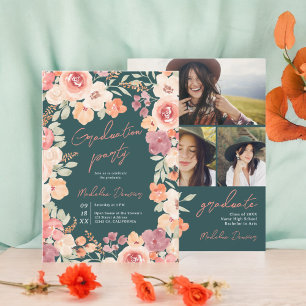 Pretty rustic boho floral teal 3 photos graduation invitation
