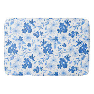 Pretty Rustic Country Blue Floral Botanical  Bath Mat