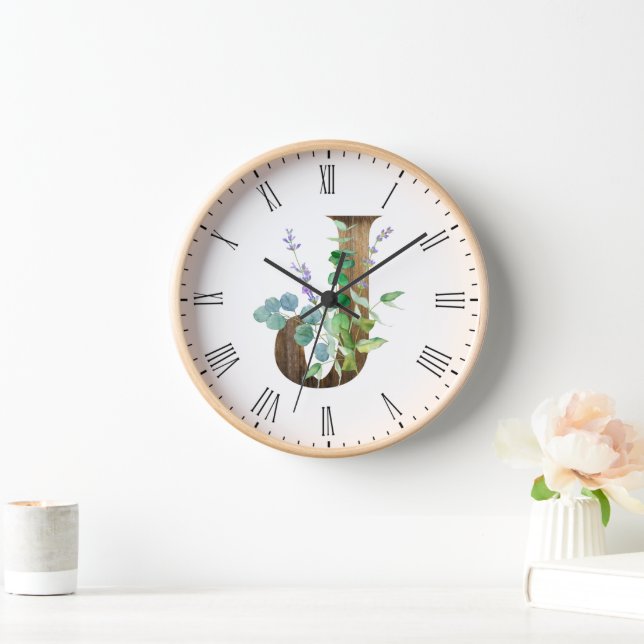 Pretty Rustic Letter J Wood Frame Clock (Home)