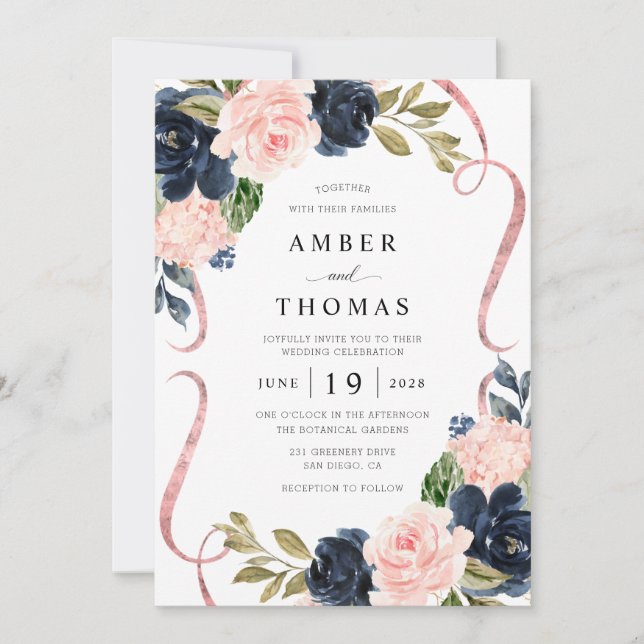 Pretty Rustic Navy Blush Floral Wedding Invitation (Front)