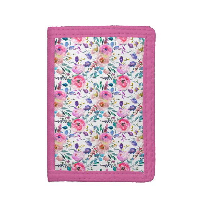 Pretty Rustic Purple Pink Floral Trifold Wallet (Front Vertical)