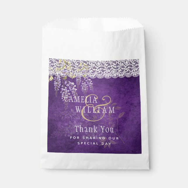 Pretty Rustic Purple WISTERIA Lace Wedding Favor Bag (Front)