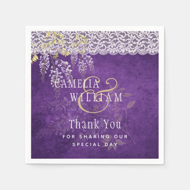 Pretty Rustic Purple WISTERIA Lace Wedding Napkins (Front)