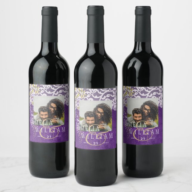 Pretty Rustic Purple WISTERIA Lace Wedding Wine Label (Bottles)