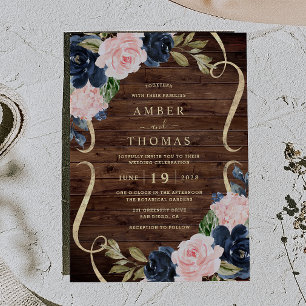 Pretty Rustic Wood Navy Blush Floral Wedding Invitation