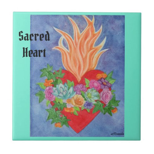 Pretty Sacred Heart Colorful TILE 4 x 4