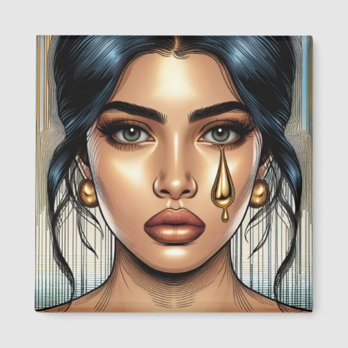 Pretty Sad Woman with Gold Tear Magnet