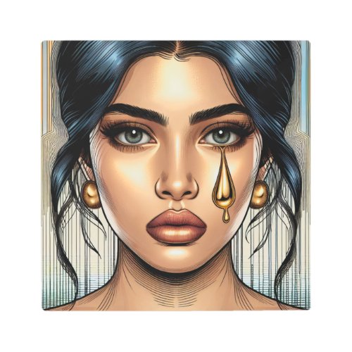 Pretty Sad Woman with Gold Tear Metal Print