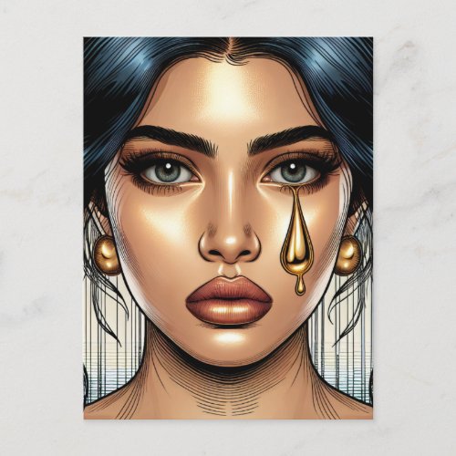 Pretty Sad Woman with Gold Tear Postcard