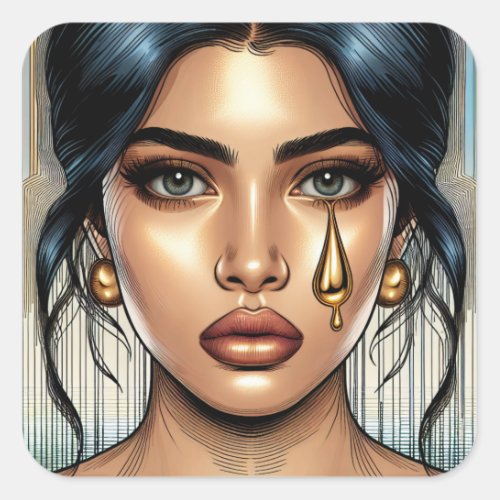 Pretty Sad Woman with Gold Tear Square Sticker