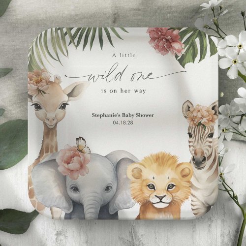 Pretty Safari Animals Wild One Baby Girl Shower Paper Plates