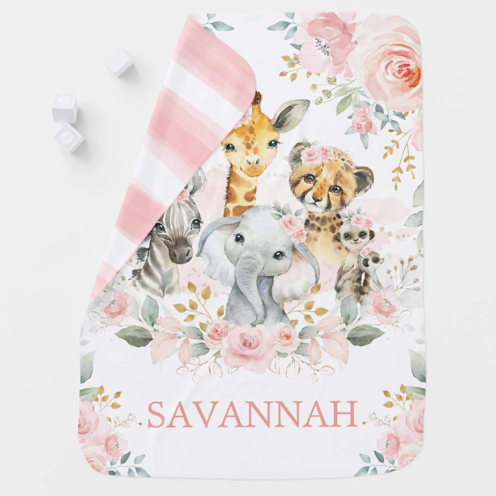 Pretty Safari Jungle Animals Pink Gold Floral Girl Baby Blanket ...