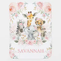 Jungle Animals Baby Name Blanket Purple Floral Safari Newborn