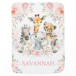 Pretty Safari Jungle Animals Pink Gold Floral Girl Baby Blanket