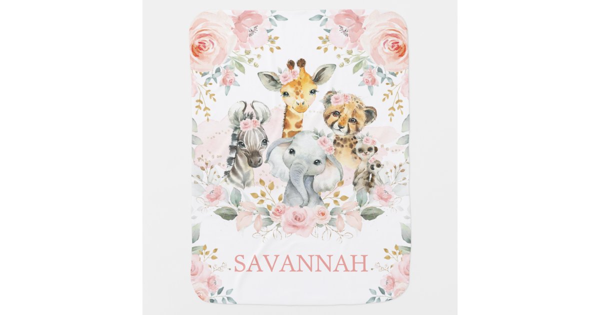 Safari Animals Floral Girl Name Blanket Tropical Flowers Leaves