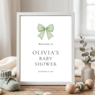Pretty Sage Gingham Bow Welcome Baby Shower  Poster