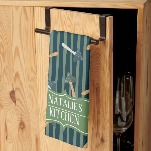 Pretty sage green monogram mushroom pattern retro kitchen towel (Thirds Fold)